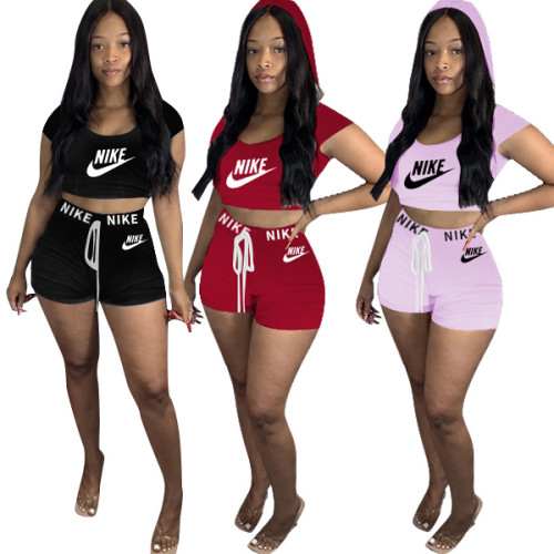 Sports brand womens Short sleeved hooded top with shorts Simple two piece suit