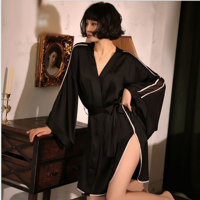 black Silk pajamas night gown bathrobe