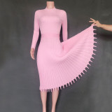 Elegant Plain Color Long Pleated Knitting Dress