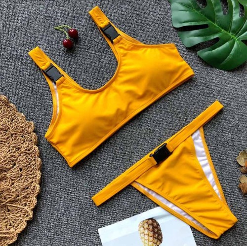Solid color with buckle 2pcs Bathing Suit