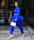 Plain Color Peplum Blazer and Pants