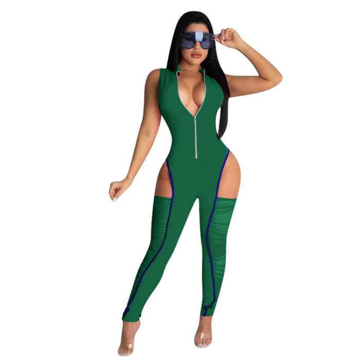 Fashion Exposed Hips Sports With Pleated Body Pants Jumpsuit