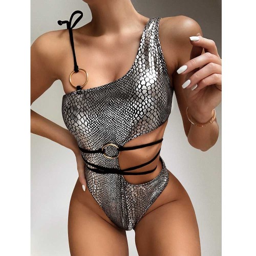 Snakeskin pattern one shoulder sexy one-piece swimsuit women