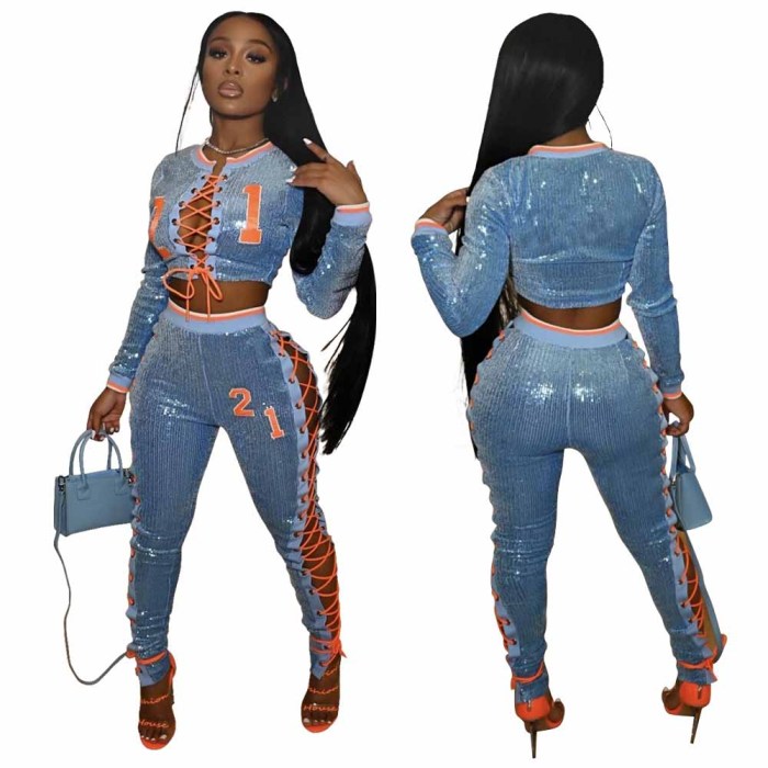 lace up sequin women 2 piece pant set