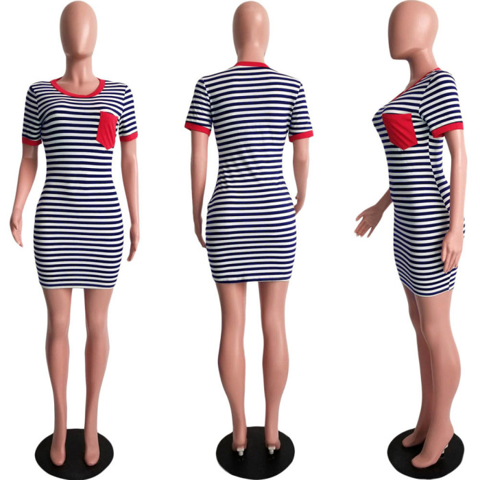 Casual Striped Print Pocket Slim Dress