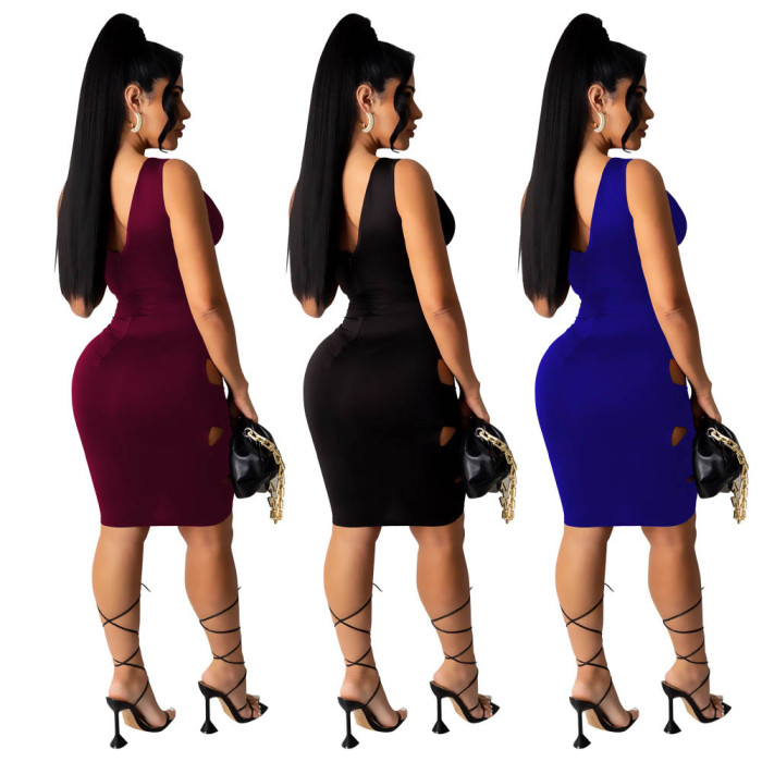 Solid Color Hollow Asymmetrical Sleeveless V-Neck Slim Dress