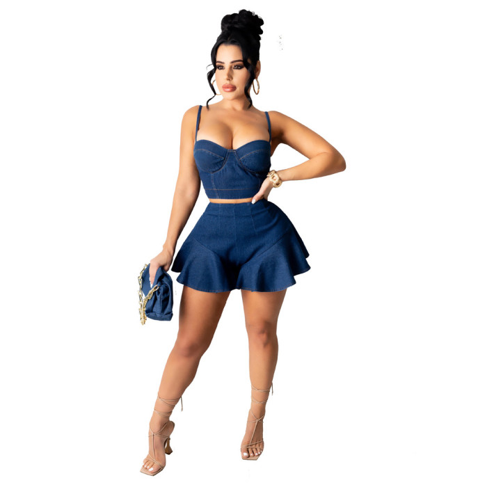 denim tank top and culotte two piece skirt set