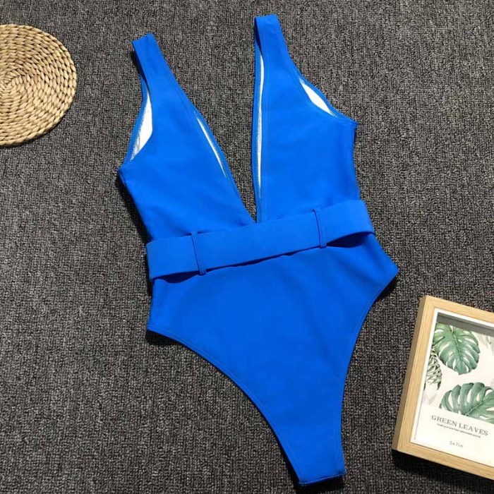One-Piece Deep-V Solid color Swimwear