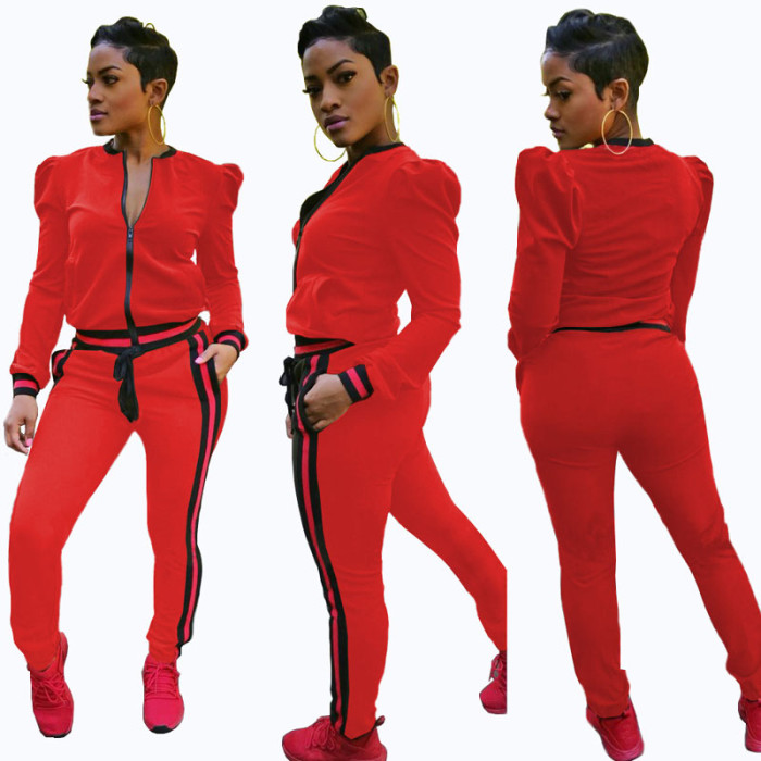 Leisure Round Neck Zipper Red Cotton Two-piece Pants Sportswear Set LE6834-2