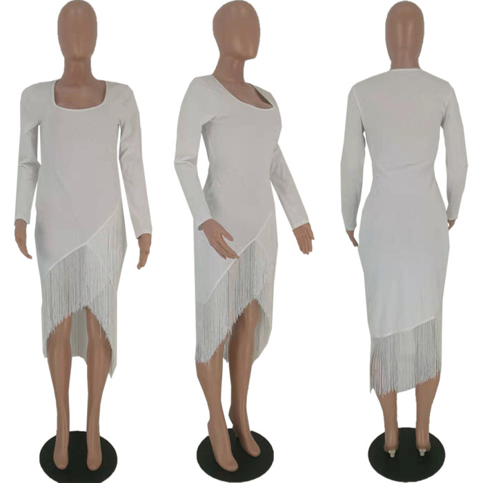 Long Sleeve Slim Tassel Midi Dress