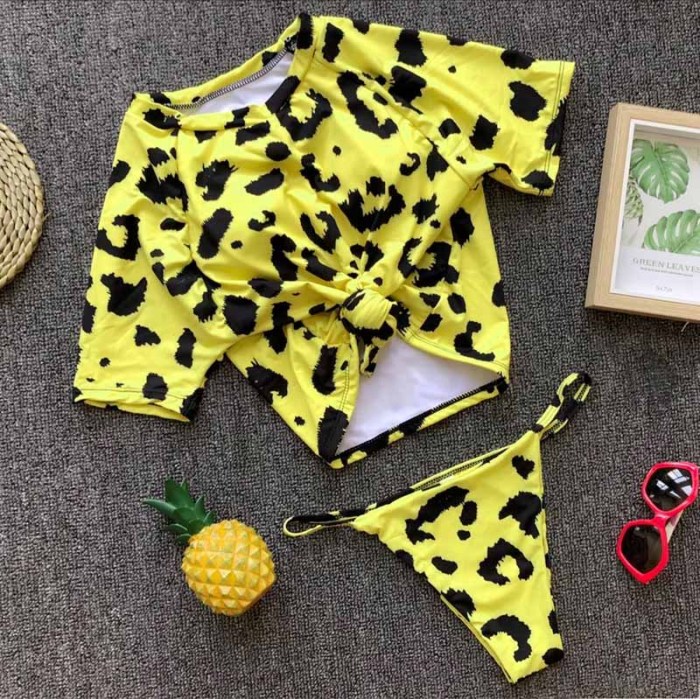 Printed Short Sleeve Crop Two Piece Swimwear