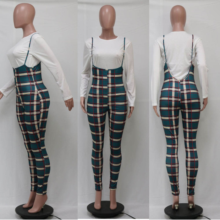 Slim Fit Long Sleeved Shirt and Plaid Suspender Trousers Suit