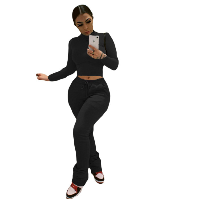 Solid Plain Matching Long Sleeve Crop Top and Track Pants Set