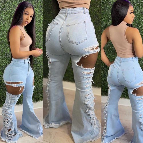 Light Blue Denim Ripped High Waist Bell Jeans