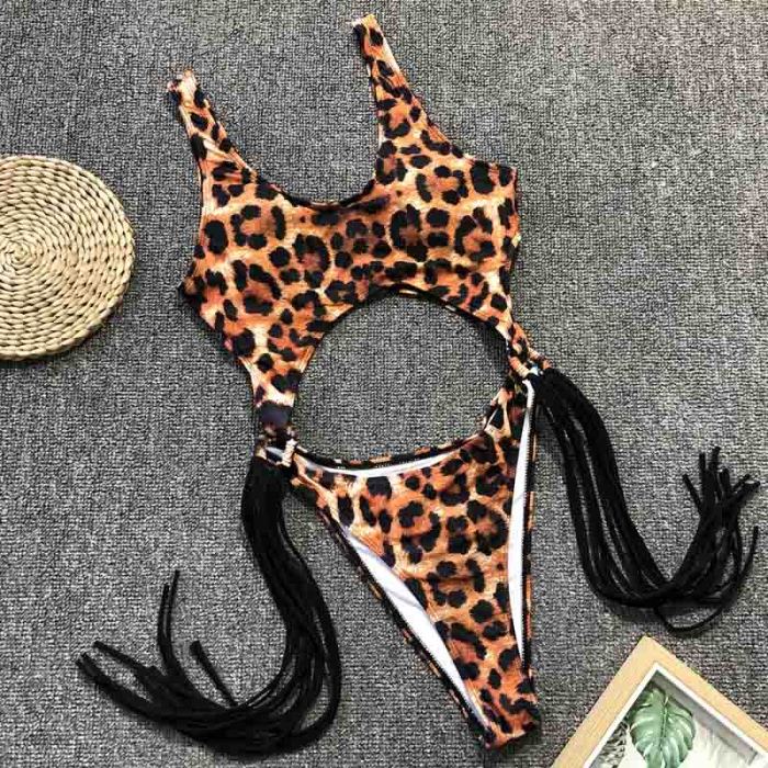 Snake Print One-Piece Tassle Swimwear