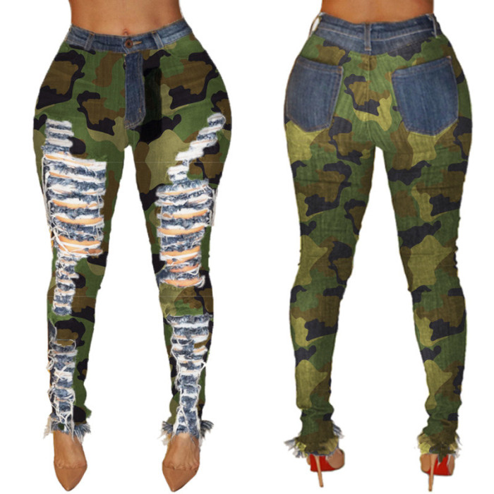 Destroyed High Waist Skinny Camouflage Jeans