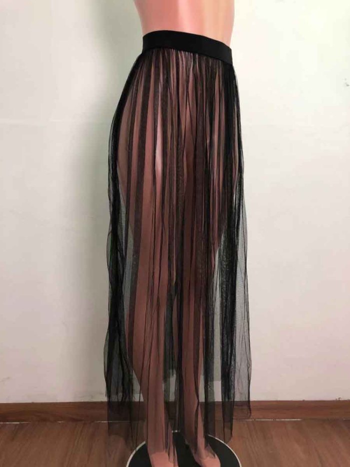 transparent sexy mesh maxi long skirt