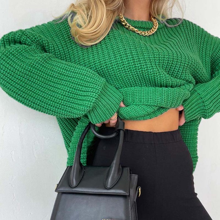 Pure Color Casual Loose Long Sleeve Round Neck Knitted Sweater