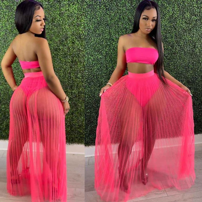 Two-piece Pleated Mesh See-through Breast Wrap Suit