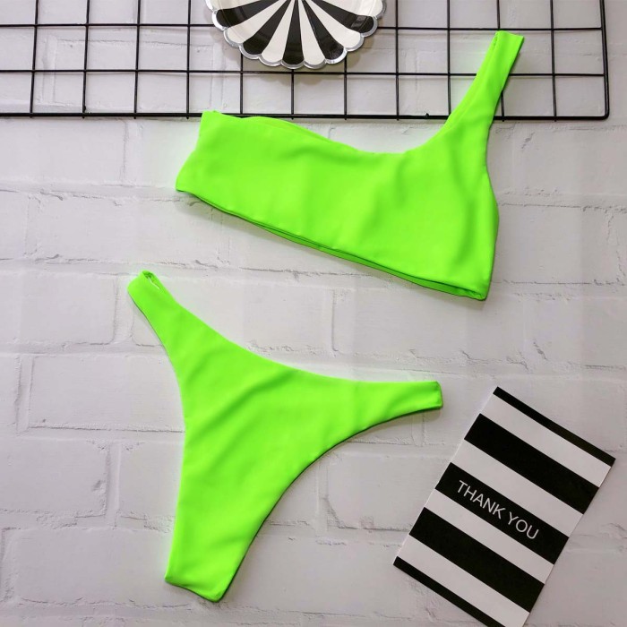 One Shoulder Two-Piece Plain Swimwear