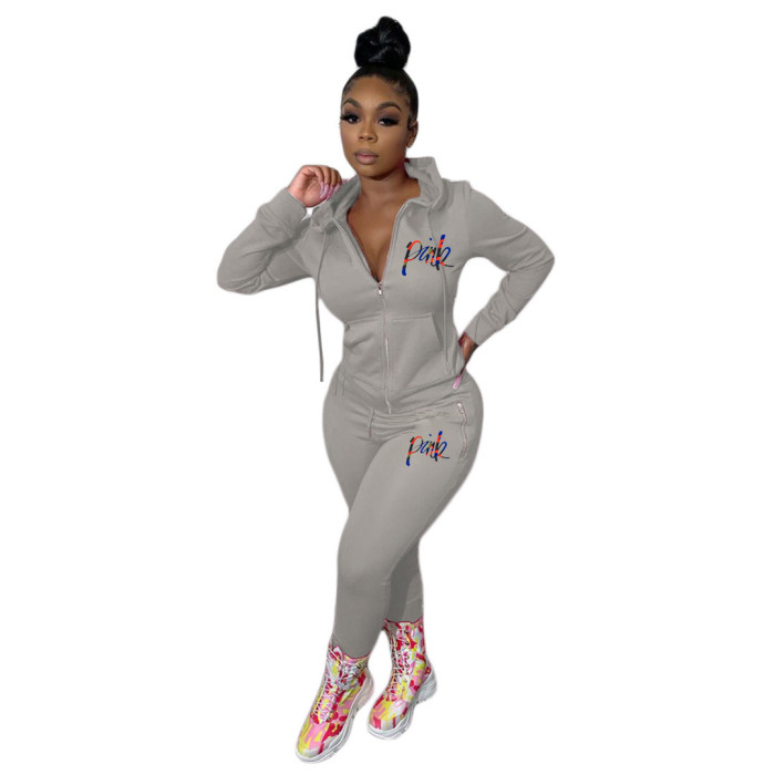 Two-piece Embroidered Letter Solid Color Zipper Sports Sweatshirt Suit
