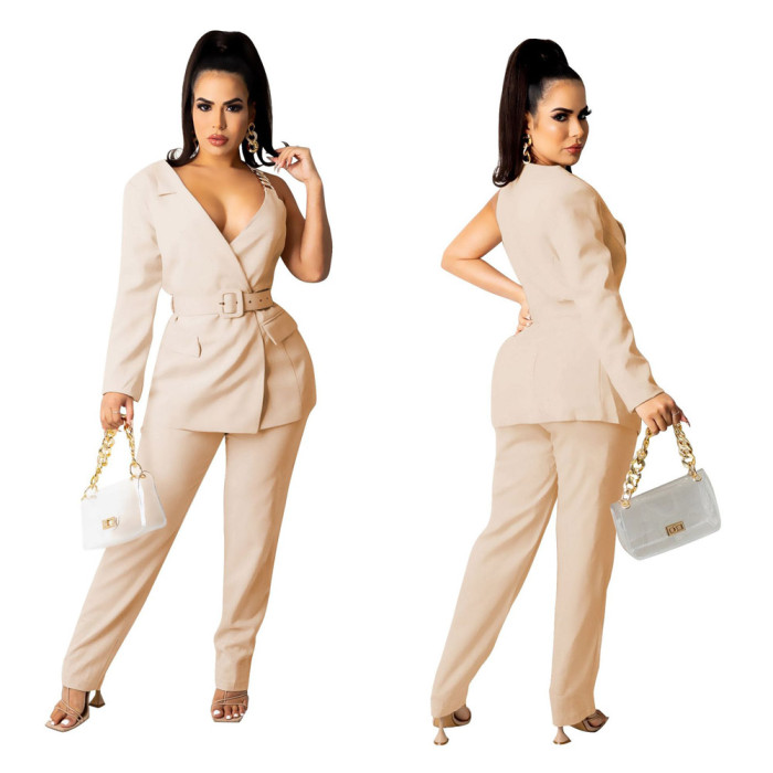One-Sided Sleeve Chain Belt Suit Two-piece Suit