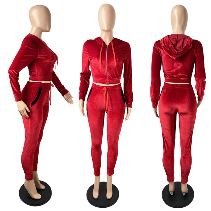 Velvet Fabric Hooded Double Pocket Long Sleeve Leisure two-piece Suit