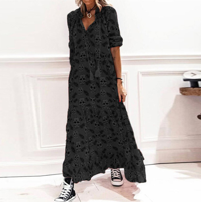 Fashionable Skull Print Stand-up Collar Loose Mid-sleeve Long Dress