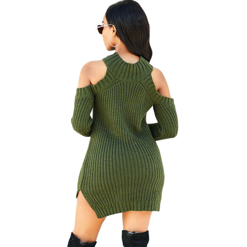 High Neck Cut Shoulder Bodycon Sweater Dress