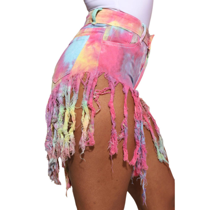 Multicolor Dyed Stretch Denim Shorts With Fringe