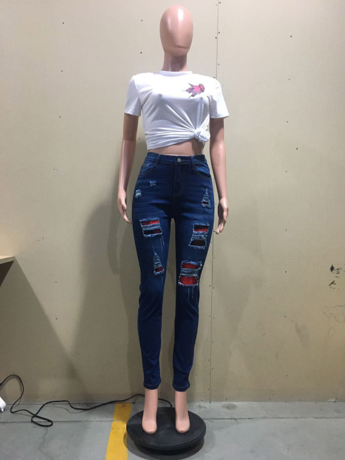 Fashion Skinny Light Blue Denim Pants Ripped Distressed Women's Jeans