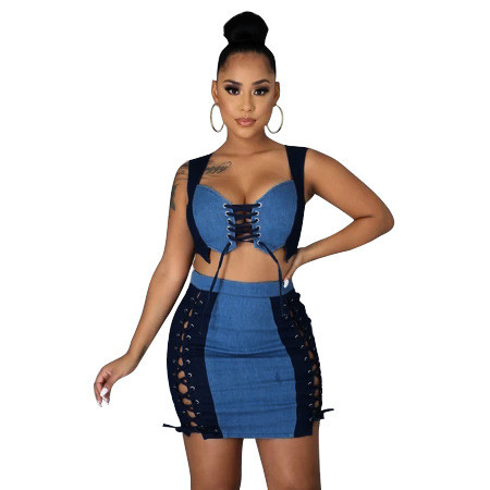 Two-Piece Chest Wrapped Tethered Denim Skirt