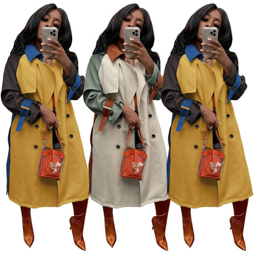 Color Block Women Windbreaker Long Coat