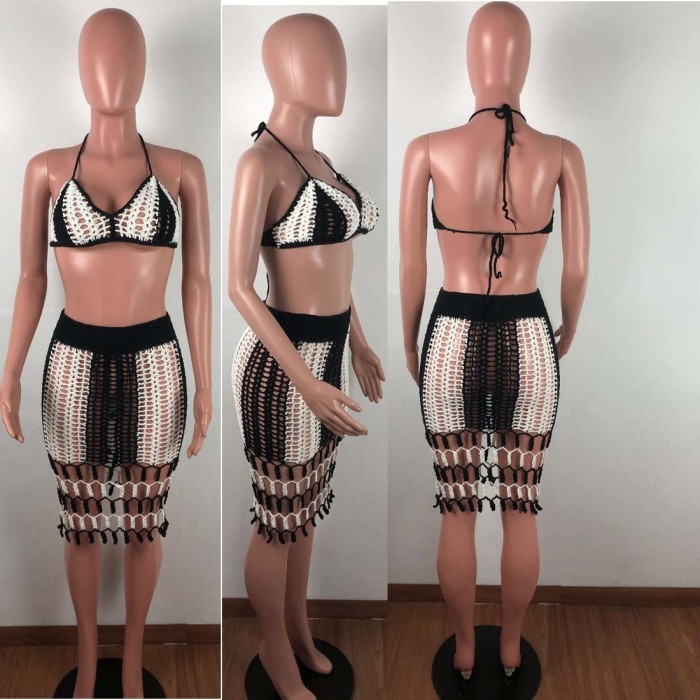 Contrast Crochet Bra and Skirt