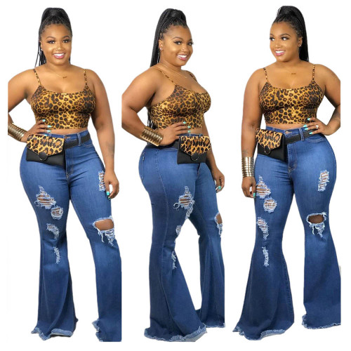 Plus Size Ripped Distressed Bell Bottom Denim Pants
