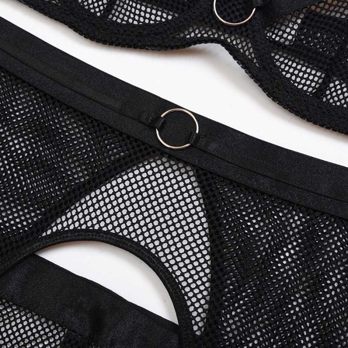 Lace Mesh Cross Strap Garter Belt Three-piece Suit