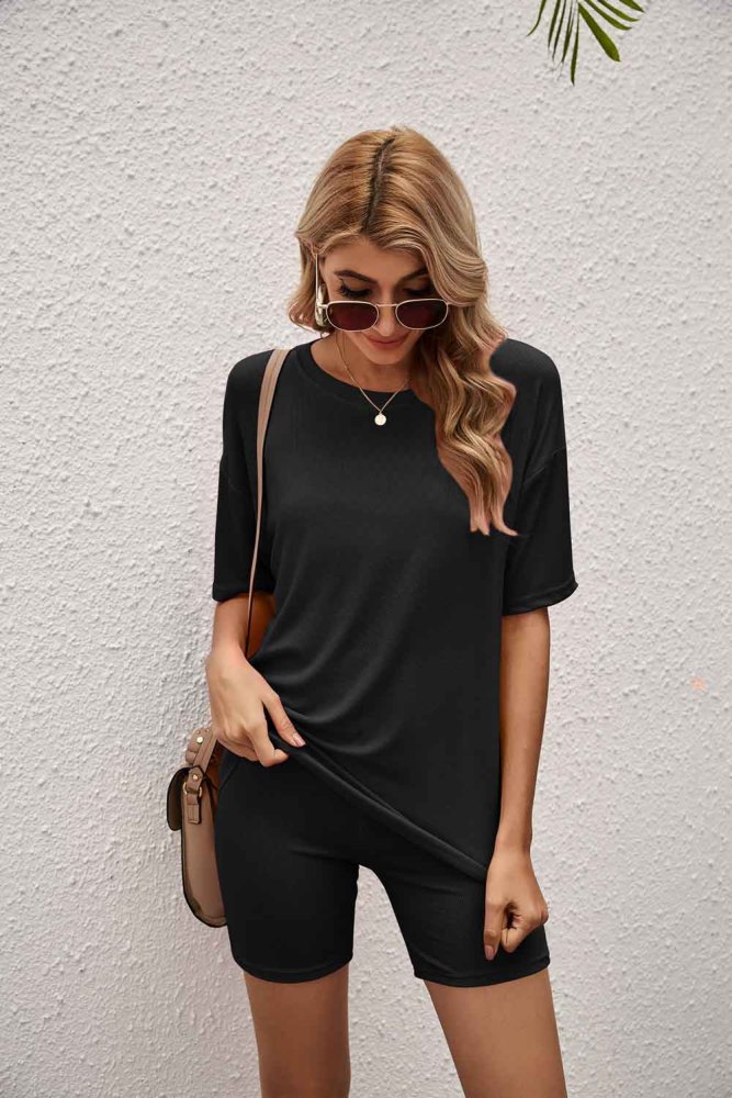Solid color Ribbed Loose short sleeved T-shirt womens casual short pants two piece