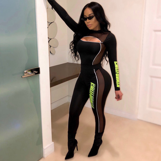 Women Hollow Out Long Sleeve Mesh Patchwork Bodycon Club Cocktail Jumpsuit