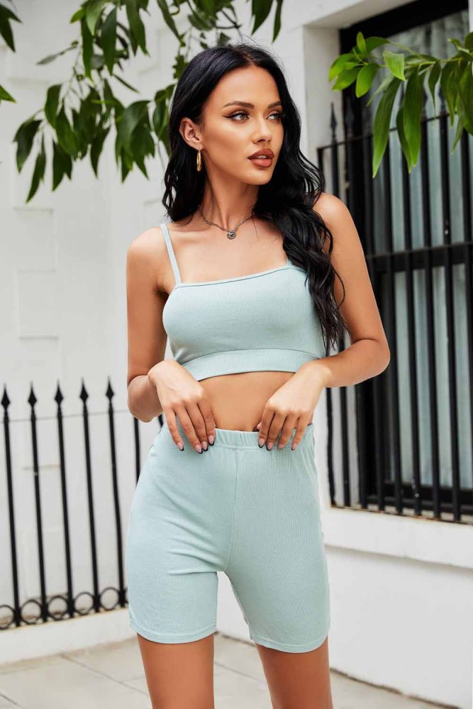 solid color Ribbed Camisole and short pants two piece women