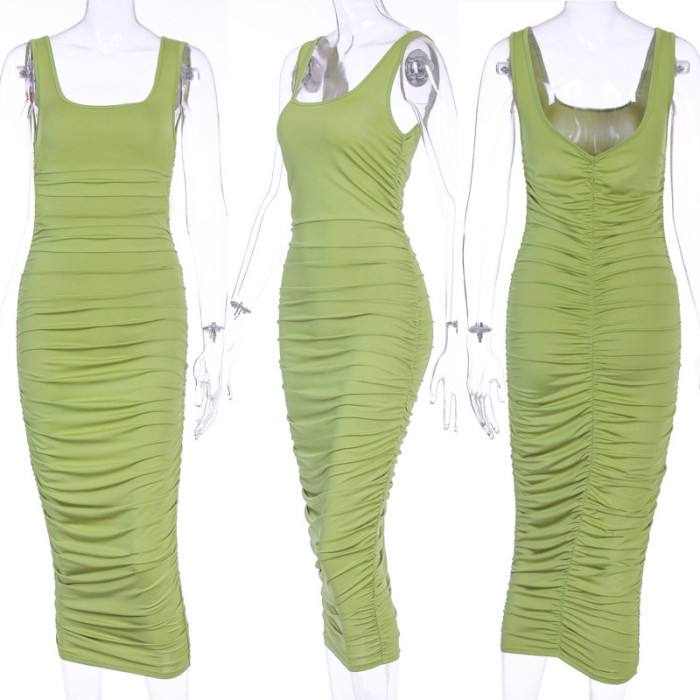 Solid Color Sleeveless Slim Fit Pleated Midi Dress