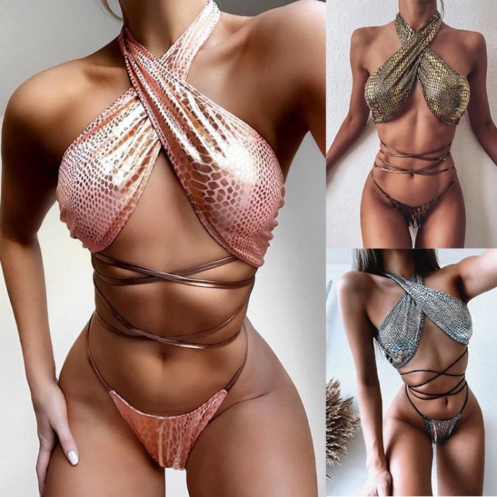 Metallic Crocodile High Cut Bikini swimwear beachwear