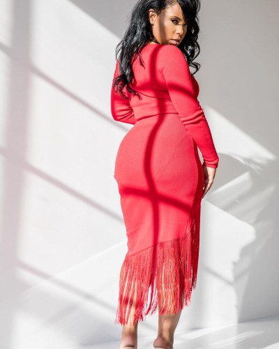 Long Sleeve Slim Tassel Midi Dress