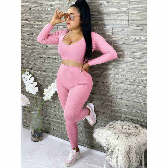 Low Neck Solid Color Long Sleeve Sexy Two-piece Suit