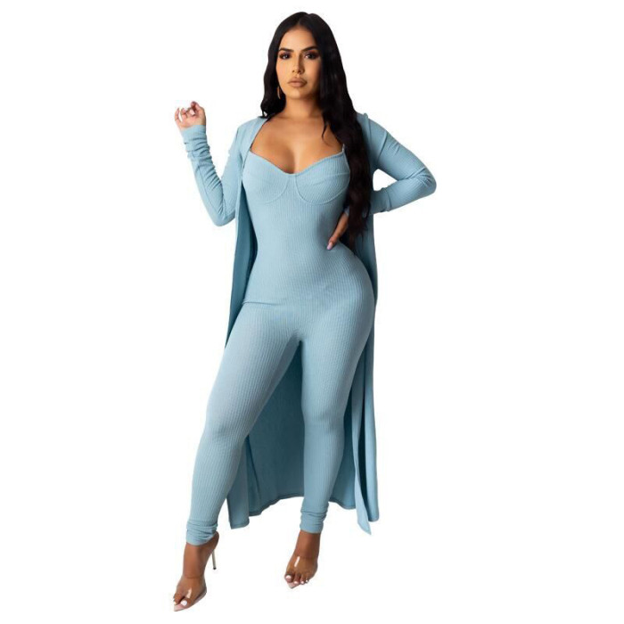 Casual Ribbed Long Jacket And Slim Jumpsuit Two Sets