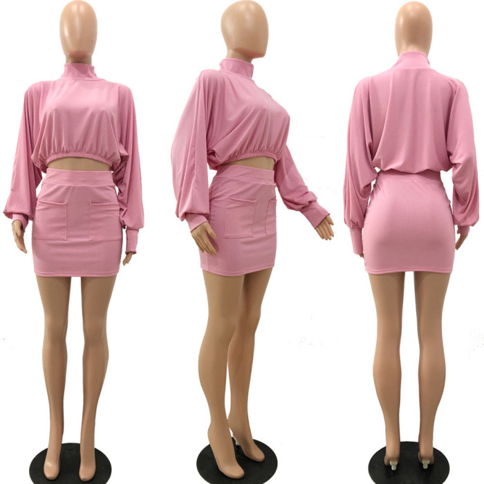 Casual Solid Color Wide Sleeve Pocket Dress Set