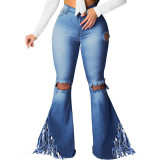Bell Bottom High Waist Ripped Fringe Jeans