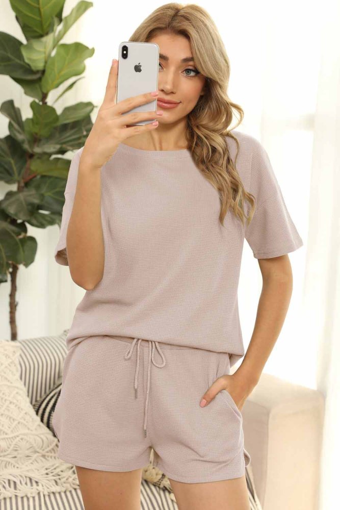 Ribbed short sleeved women home wear casual two piece short set