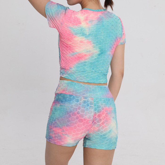 Drawstring Short-sleeved Tie-Dye Sports Shorts Yoga Set