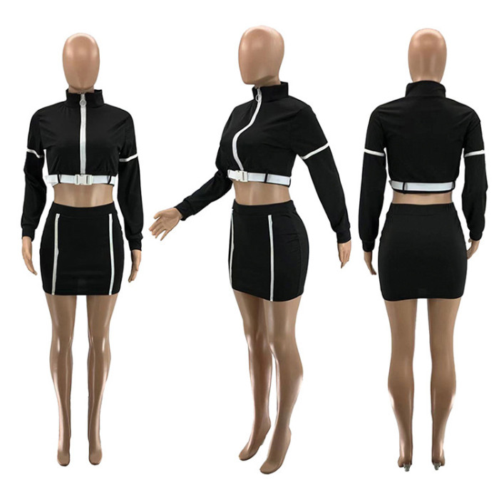 2 Pcs Pure Color Zipper Waist Long Sleeve Skirt Set