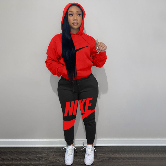 Hooded Offset Printed Letters Sports Suit